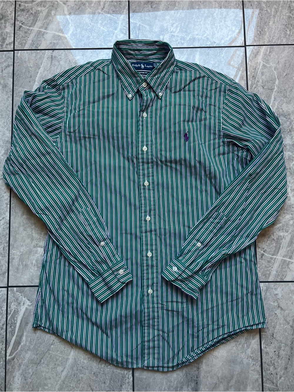 Ralph Lauren Custom Fit Striped Shirt Mens M Green Purple Long Sleeve Cotton